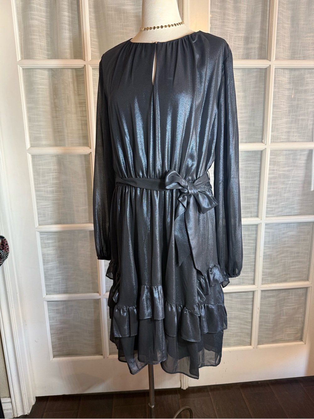 Simply Vera Vera Wang Metallic Charcoal Long-Sleeve Ruffle Tie Dress